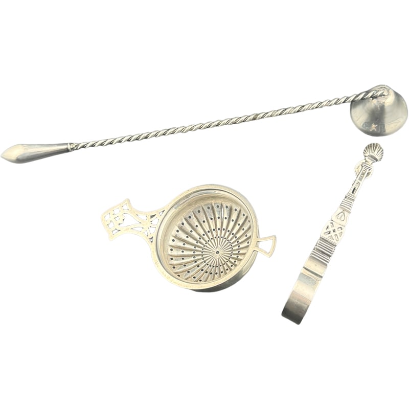 Lot of Sterling Silver Items -  Webster Tea Strainer, Candle Snuffer, TS WS HH Sugar Tongs (1 of 6)