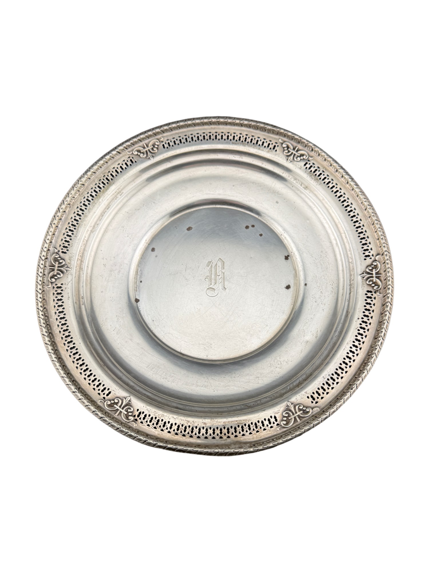 Sterling Silver Monogrammed Pierced Plate: PLEASE READ in house shipping If you win this item, please select self arranged for in house shipping when paying invoice Sterling Silver Monogrammed Pierced Plate 99 grams 8"