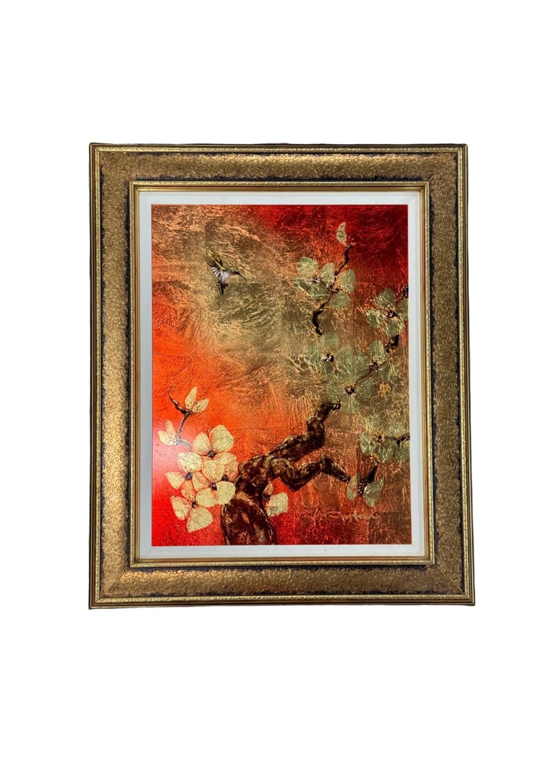 Patrick Guyton b. 1964 "Crimson Glory" Mixed Media on Board: out of house shipping Artist: Patrick Guyton Bio: Patrick Guyton is a contemporary American artist known for his unique, ethereal works featuring gold, silver, and copper leaf, blending 14th-century g