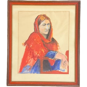 Original Oil Painting of Woman In Red Scarf - Signed