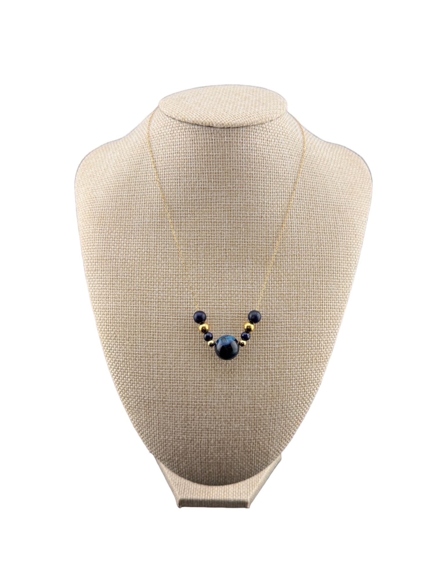 14k Gold Necklace with Lapiz-Like Beads: PLEASE READ: in house shipping If you win this item, please select self arranged for in house shipping when paying invoice 14k Gold Necklace with Lapiz-Like Beads 16" unclasped 8" clasped