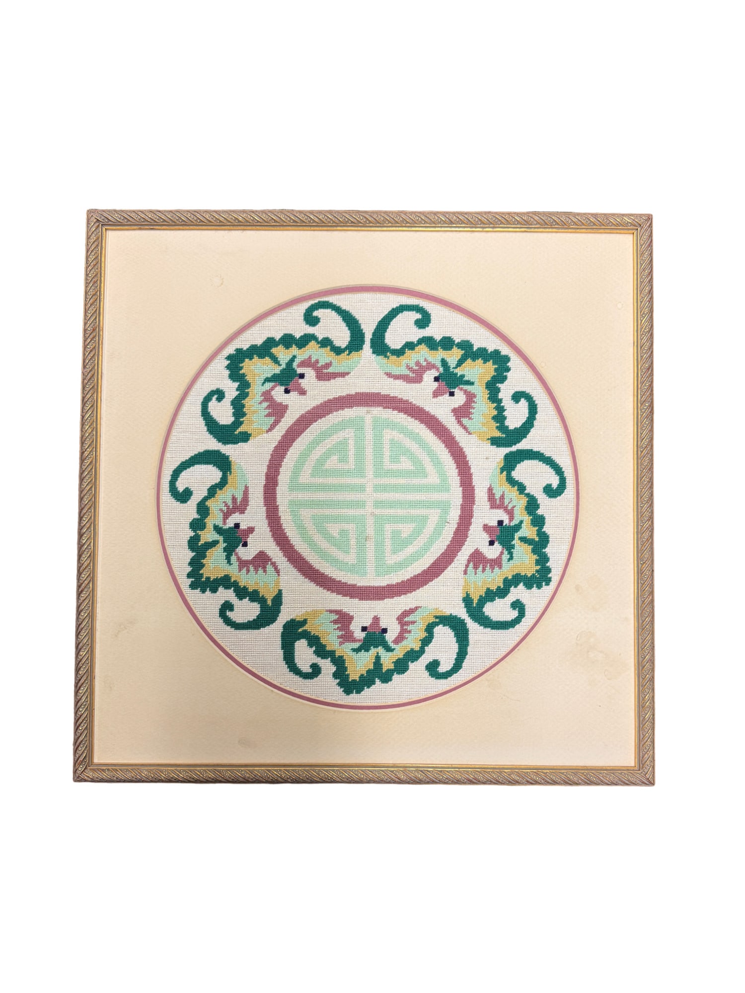 Chinese Embroidered Symbol Matted and Framed Textile: PLEASE READ: in house shipping If you win this item, please select self arranged for in house shipping when paying invoice Chinese Embroidered Symbol Matted and Framed Textile 17" x 17"