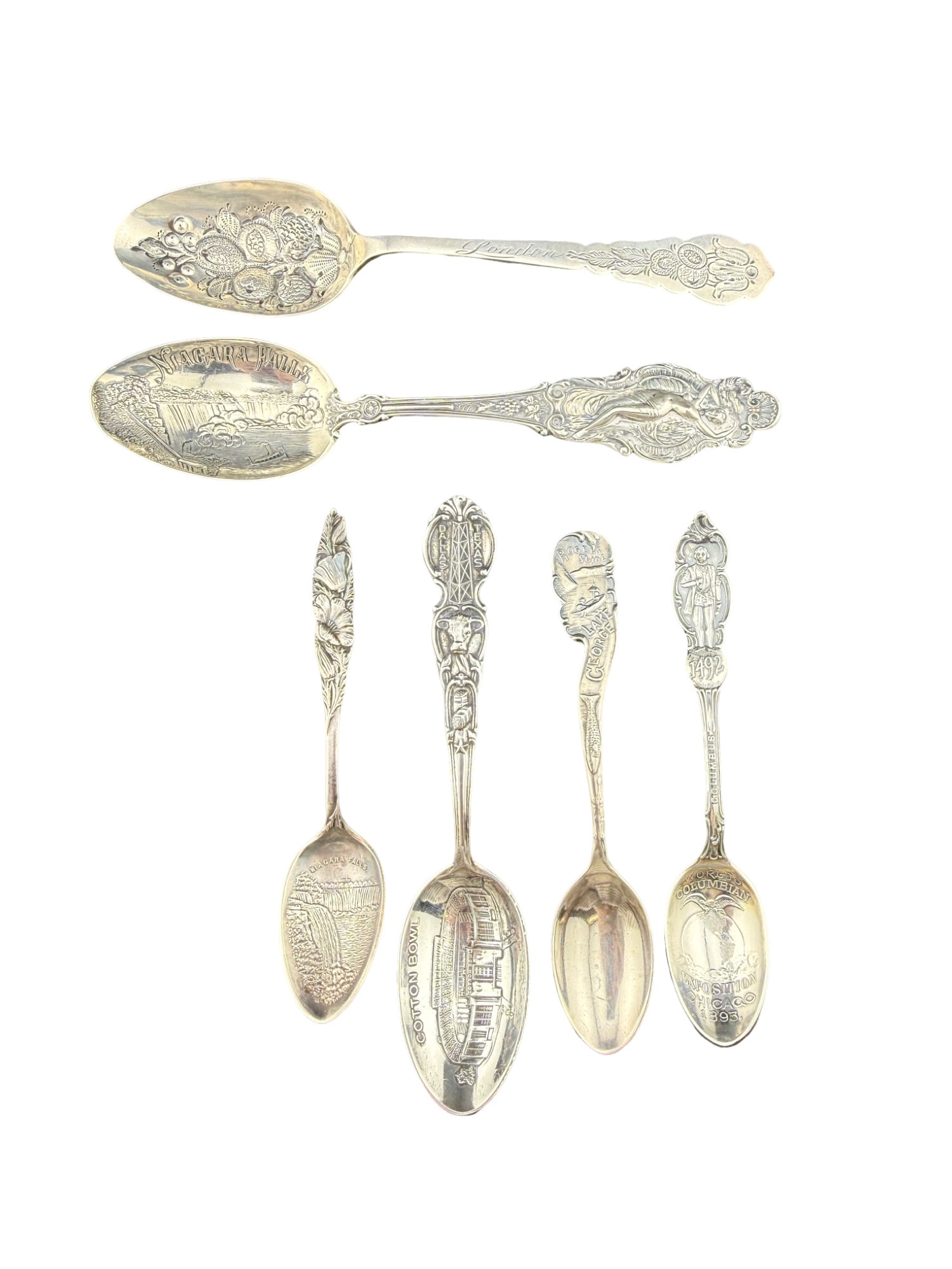Sterling Silver Souvenir Spoons Set of 6: PLEASE READ: If you win this item, please select self arranged for in house shipping when paying invoice Sterling Silver Souvenir Spoons Set of 6 Set includes souvenir spoons of (2) Niagara Falls, Chi
