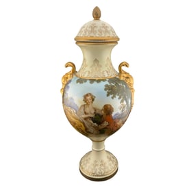 Signed F. Bouchee Porcelain Enamel Hand Painted Gold Trim Vase