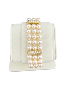 18k Gold Multi Strand Pearl and Diamond Bracelet
