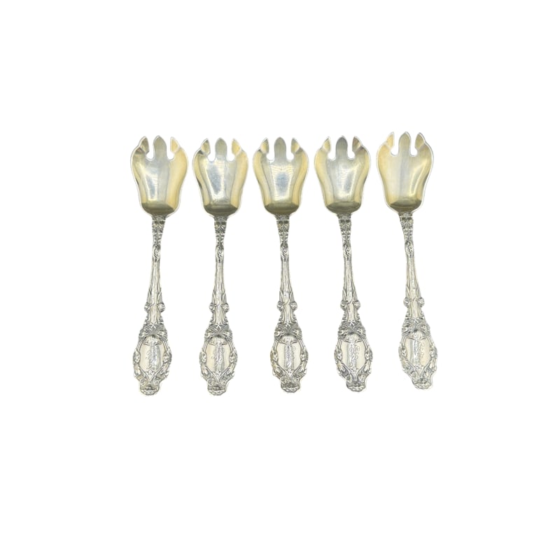5 Gorham Virginiana Sterling Silver Ice Cream Spoon Forks: PLEASE READ: in house shipping If you win this item, please select self arranged for in house shipping when paying invoice 5.75" 139 grams
