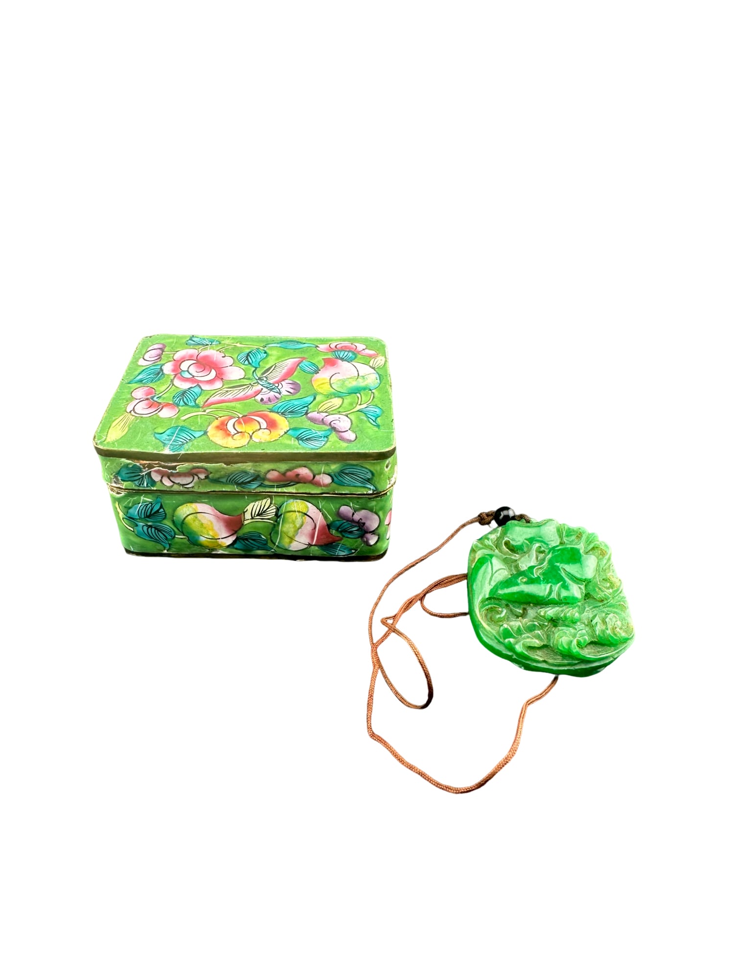 Fun Green Lot - Chinese Enamel Trinket Box and Green Jade Stone Pendant Necklace (1 of 5)