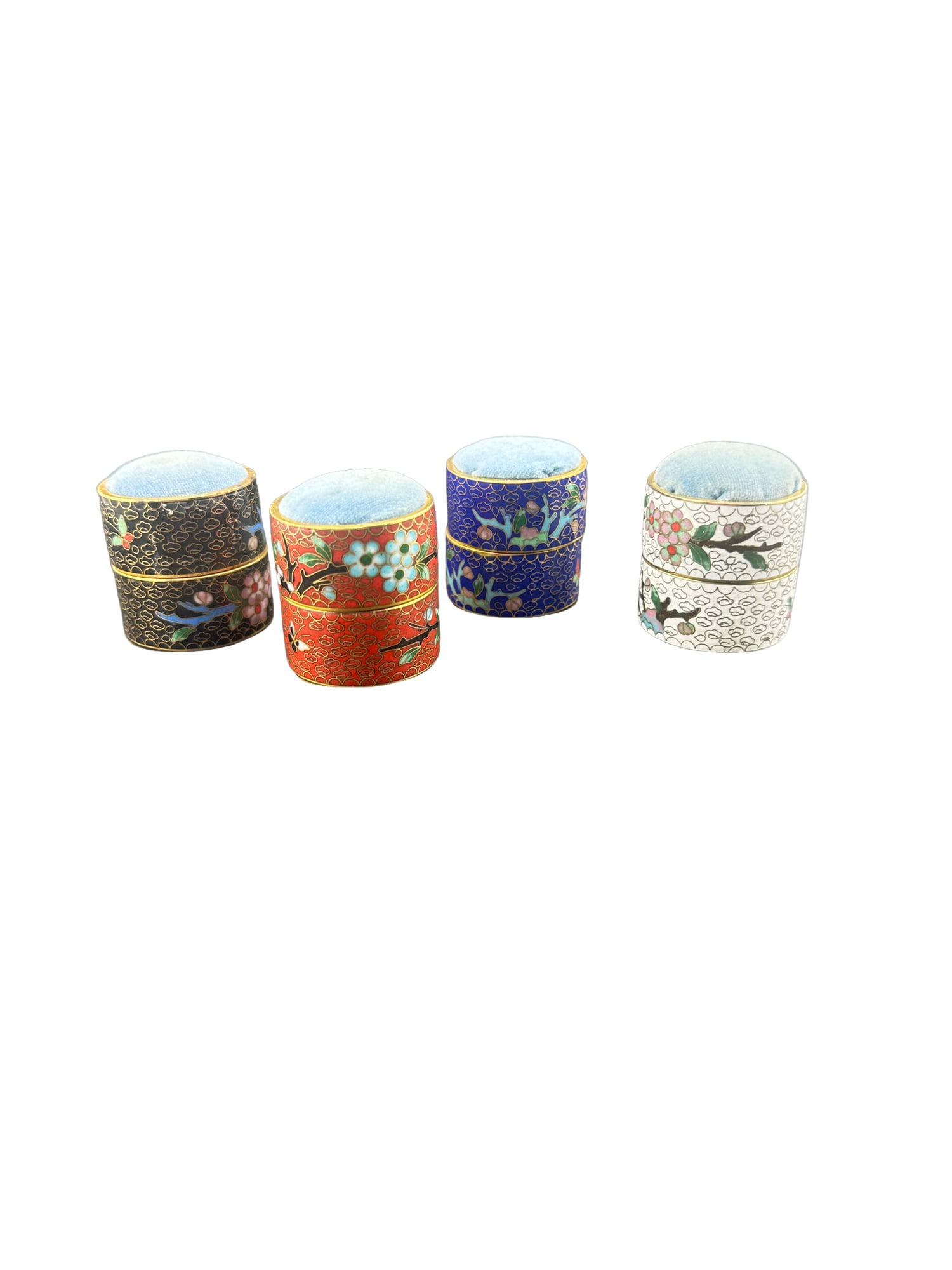 Set of 4 Vintage Enamel Cloisonné Trinket Boxes with Pin Cushions: PLEASE READ: in house shipping within the US If you win this item, please select self arranged for in house shipping when paying invoice 1.75"H x 4.5" circumference