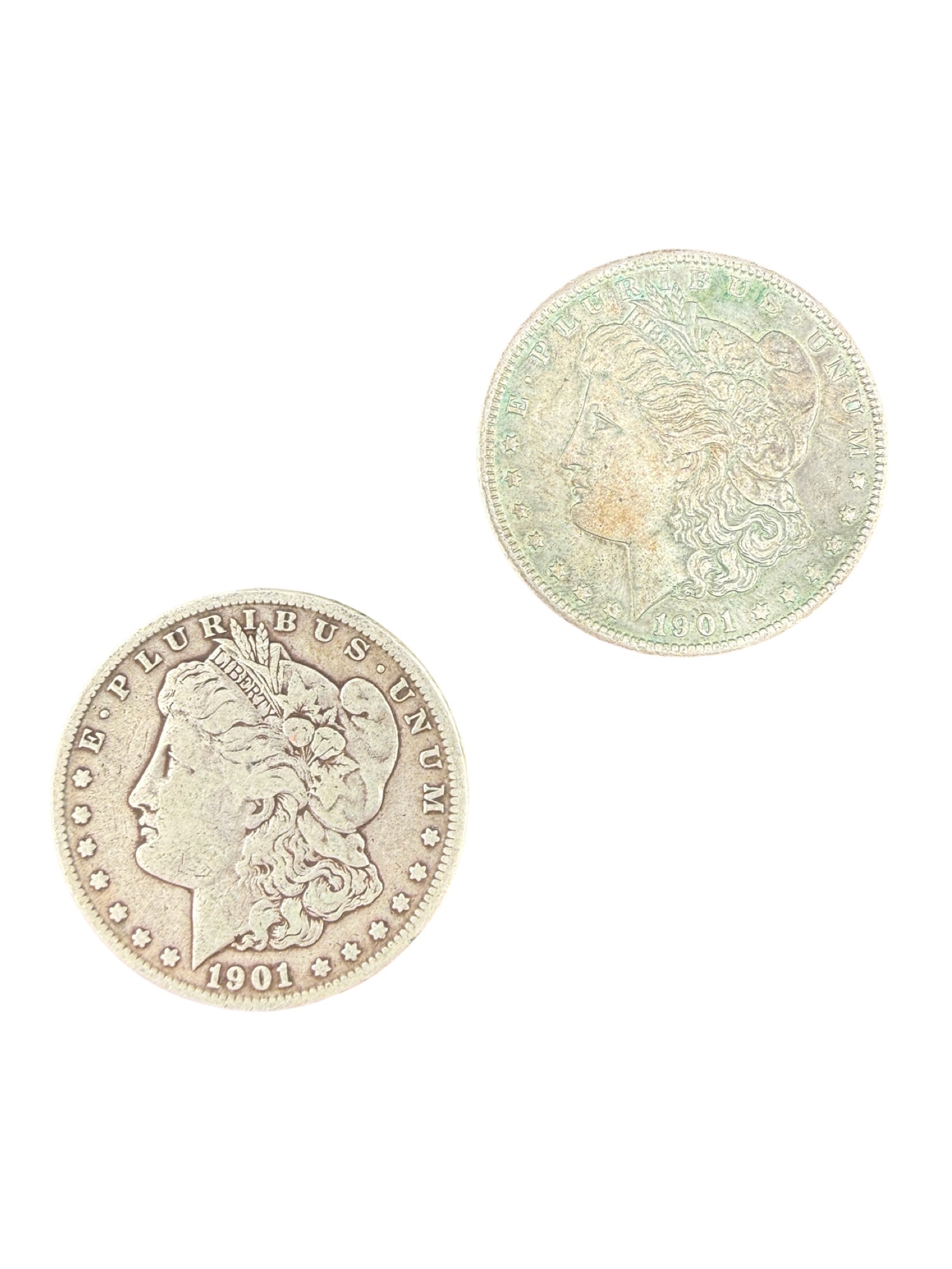 2 Morgan Silver Dollars - 1901 O Mint: PLEASE READ: in house shipping within the US If you win this item, please select self arranged for in house shipping when paying invoice 2 Morgan Silver Dollars - 1901 O Mint 54 total grams 1.5"