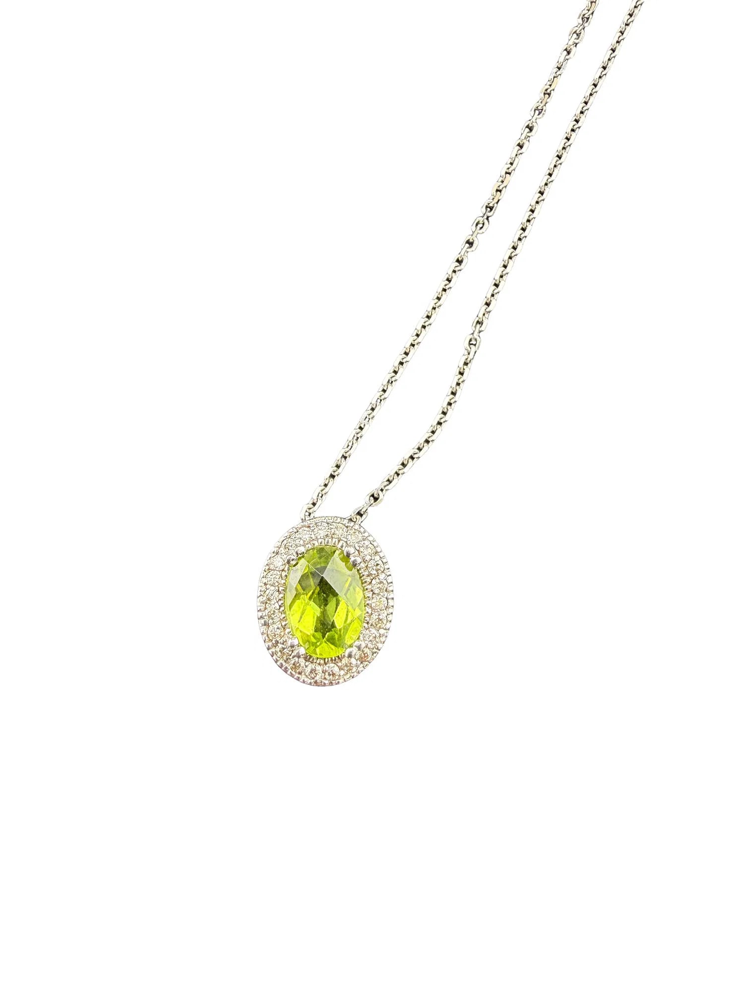 14k Oval Peridot and Diamond Necklace: PLEASE READ: in house shipping within the US If you win this item, please select self arranged for in house shipping when paying invoice 14k Oval Peridot and Diamond Necklace 20" unclasped 10" clasped