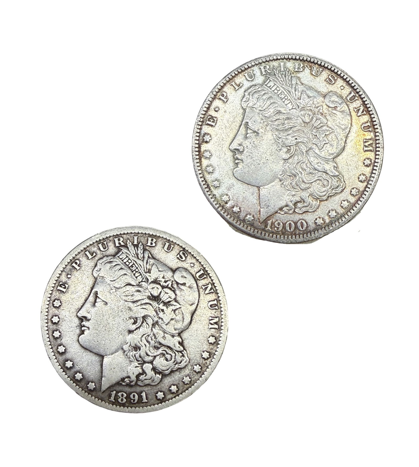 2 Morgan Silver Dollars - 1900 & 1891 - O Mint and Unmarked: PLEASE READ: in house shipping within the US If you win this item, please select self arranged for in house shipping when paying invoice 2 Morgan Silver Dollars - 1900 & 1891 - O Mint and Unmarked 54