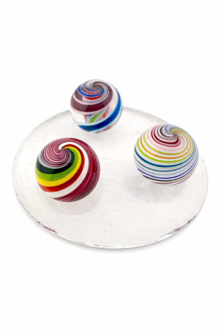 Set of Three Art Glass Swirl Marbles with Clear Glass Display Stand: PLEASE READ: in house shipping within the US If you win this item, please select self arranged for in house shipping when paying invoice three hand-crafted art glass swirl marbles, each featuring vibr