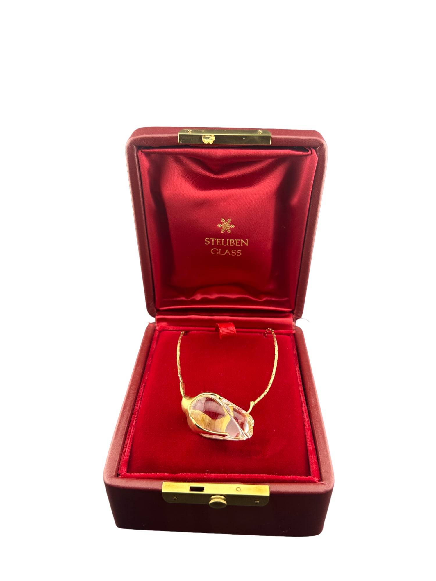 Steuben 14K Glass Rose Pendant Necklace: PLEASE READ: in house shipping within the US If you win this item, please select self arranged for in house shipping when paying invoice Steuben 14K Glass Rose Pendant Necklace Est. Retail $1,750