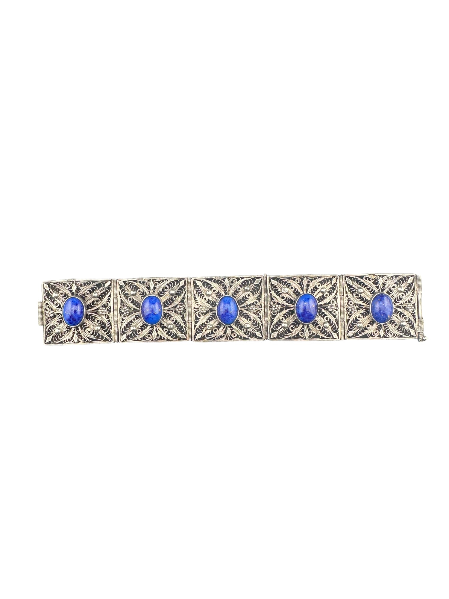 1920s Silver Filigree Bracelet Lapis Lazuli Cabochons: PLEASE READ: in house shipping within the US If you win this item, please select self arranged for in house shipping when paying invoice 1920s Silver Filigree Bracelet Lapis Lazuli CabochonsHere we ha