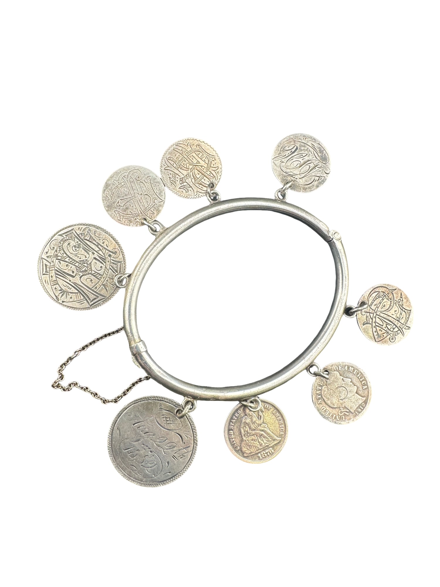 Victorian Love Token Bangle United States 'Seated Liberty' dimes 1875 1876 1877: PLEASE READ: In house shipping within the US If you win this item, please select self arranged for in house shipping when paying invoice Antique Victorian Love Token Sterling Bracelet. engraved Libert