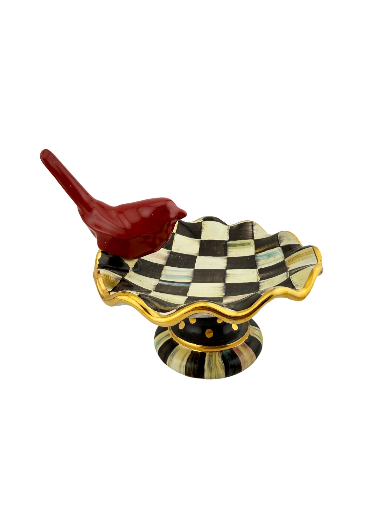 Mackenzie Childs Checkered Enamel Ring Dish with Red Bird with Box: PLEASE READ: in house shipping within the US If you win this item, please select self arranged for in house shipping when paying invoice Mackenzie Childs Checkered Enamel Ring Dish with Red Bird with