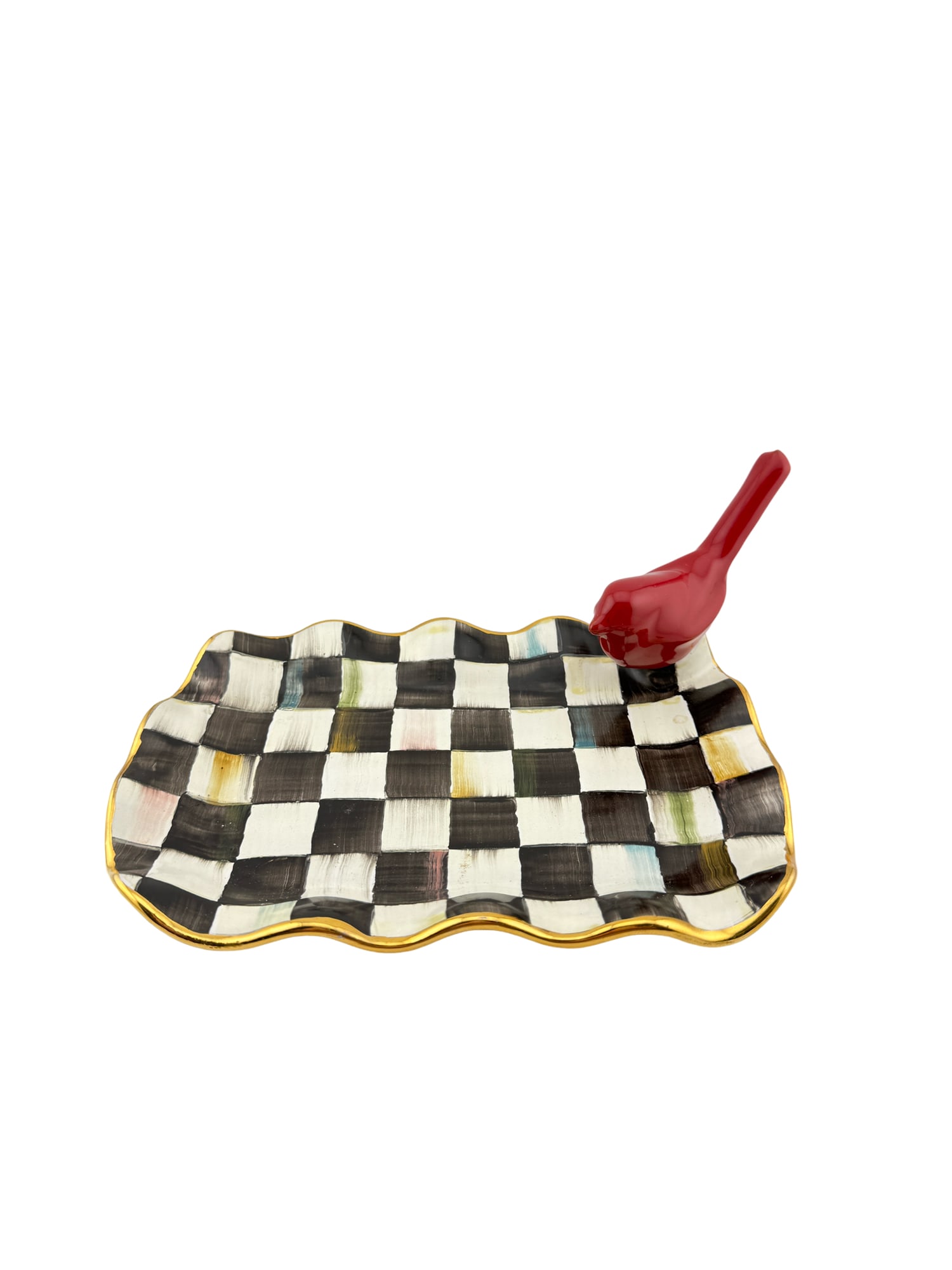 Mackenzie Childs Checkered Jewelry Tray with Red Bird: PLEASE READ: in house shipping within the US If you win this item, please select self arranged for in house shipping when paying invoice Mackenzie Childs Checkered Jewelry Tray with Red Bird 8.5" x 6"