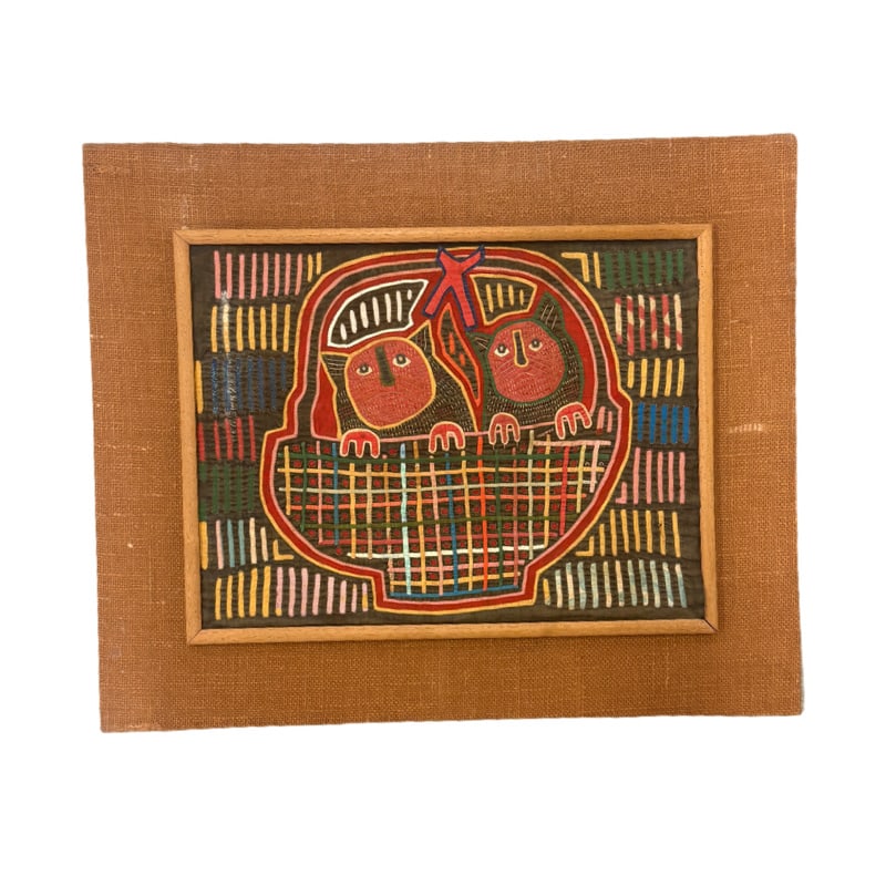 Kuna Mola Framed Textile Art - San Blas Islands Panama: **OUT OF HOUSE SHIPPING Mola by a Cunha Indian of the San Blas Islands off the coast of Panama Cats in a basket frame: 20.25" x 24.5" sight: 13.25" x 17.5"