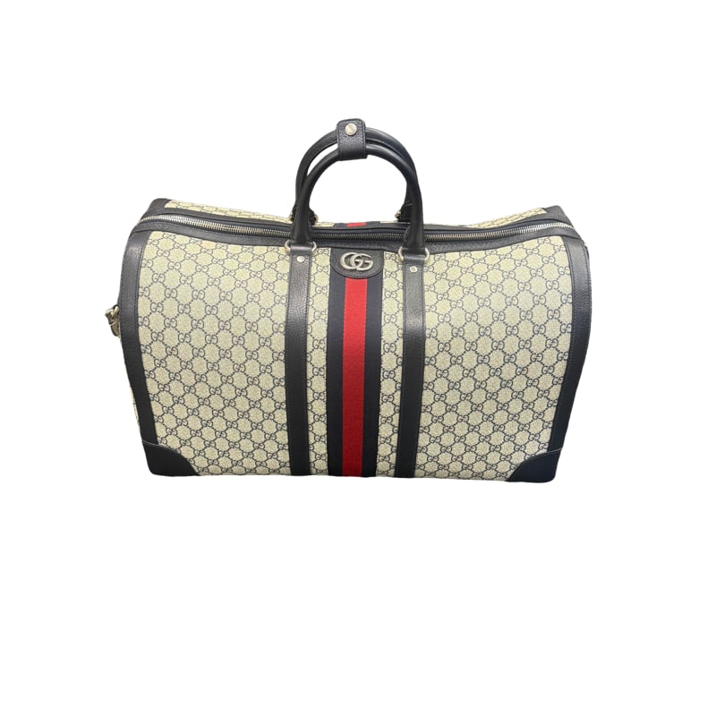 Gucci Savoy GG Supreme Large Duffel Bag: **OUT OF HOUSE SHIPPING Features black and gray pattern with striking red stripe. including shoulder strap, dust bag, lock and keys, id tag. 21"L x 11"W x 12"H