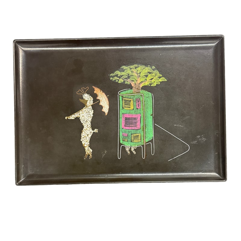 Mid Century Couroc of Monterey Vintage 1960s Inlaid Design Poodle Tray: PLEASE READ: in house shipping within the US If you win this item, please select self arranged for in house shipping when paying invoice Very fun conversation piece 18" x 12.25"