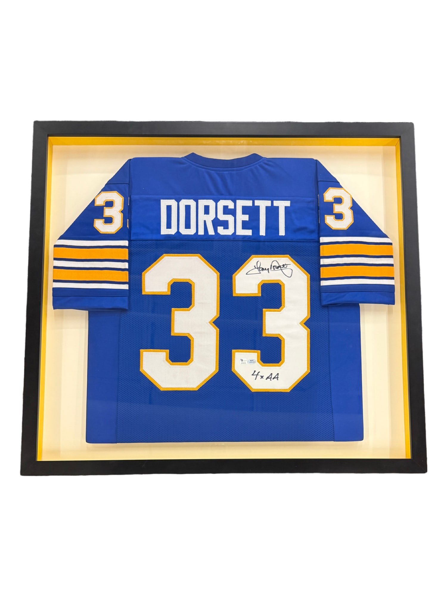 Autographed and Framed Tony Dorsett Pittsburgh Panthers Jersey: **OUT OF HOUSE SHIPPING Autographed and Framed Tony Dorsett Pittsburgh Panthers Jersey This is a custom jersey signed by Tony Dorsett. It is authenticated by Global Certified Authentic (GP 55734) and