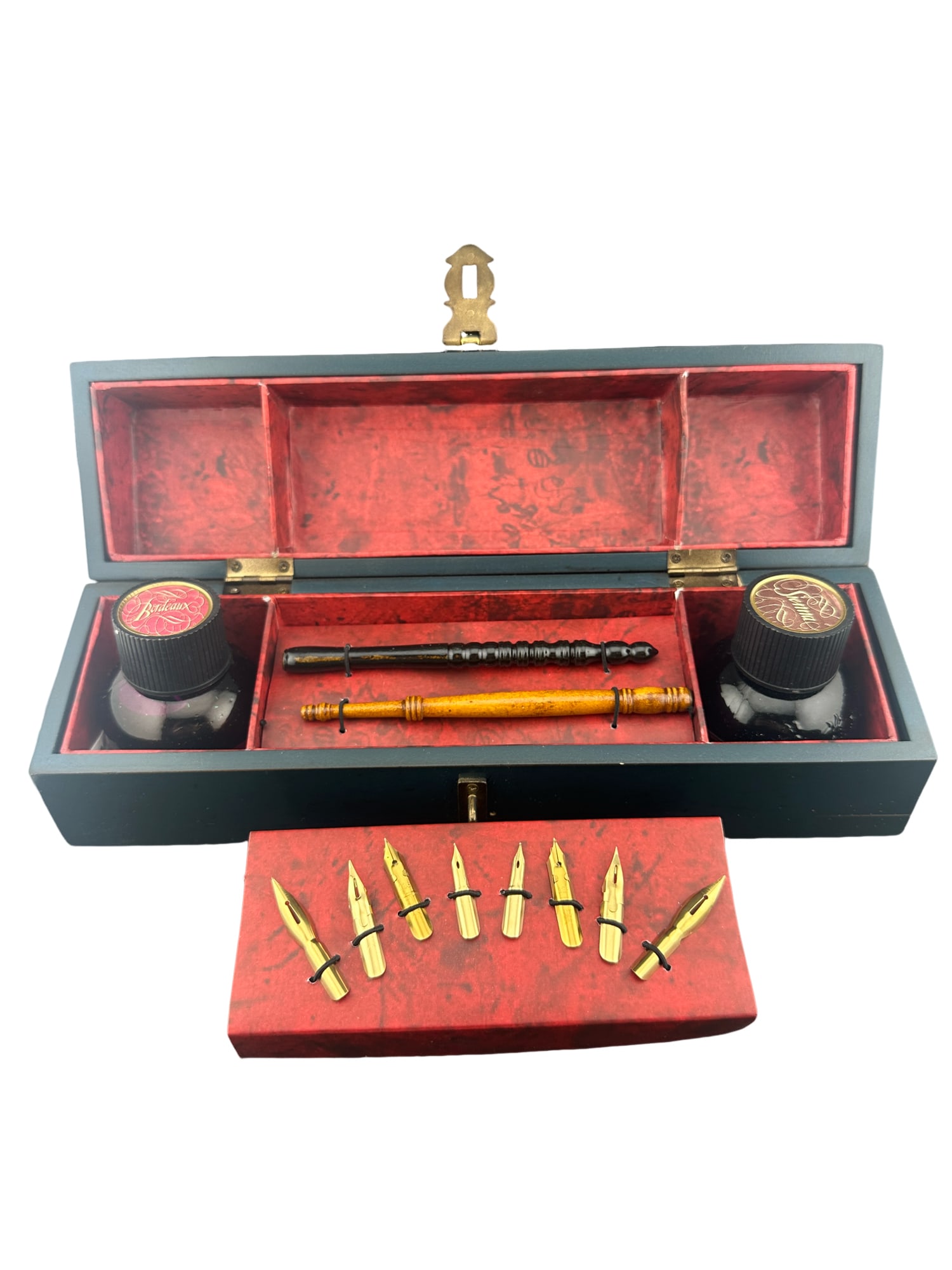 ANTIQUE VINTAGE STYLE DIP PEN WRITING SET KIT 2 PENS WITH RED BLACK INK WOOD BOX (1 of 5)