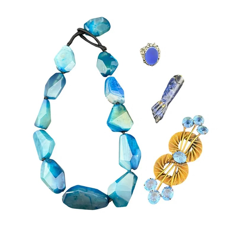 Lot of Blue Jewelry - Vintage Blue Marbled Agate ? Sterling Ring , Hand Charm, Vintage Brooch: PLEASE READ: in house shipping If you win this item, please select self arranged for in house shipping when paying invoice Vintage Blue Marbled Agate ? Sterling Ring , Hand Charm, Vintage Brooch neckl