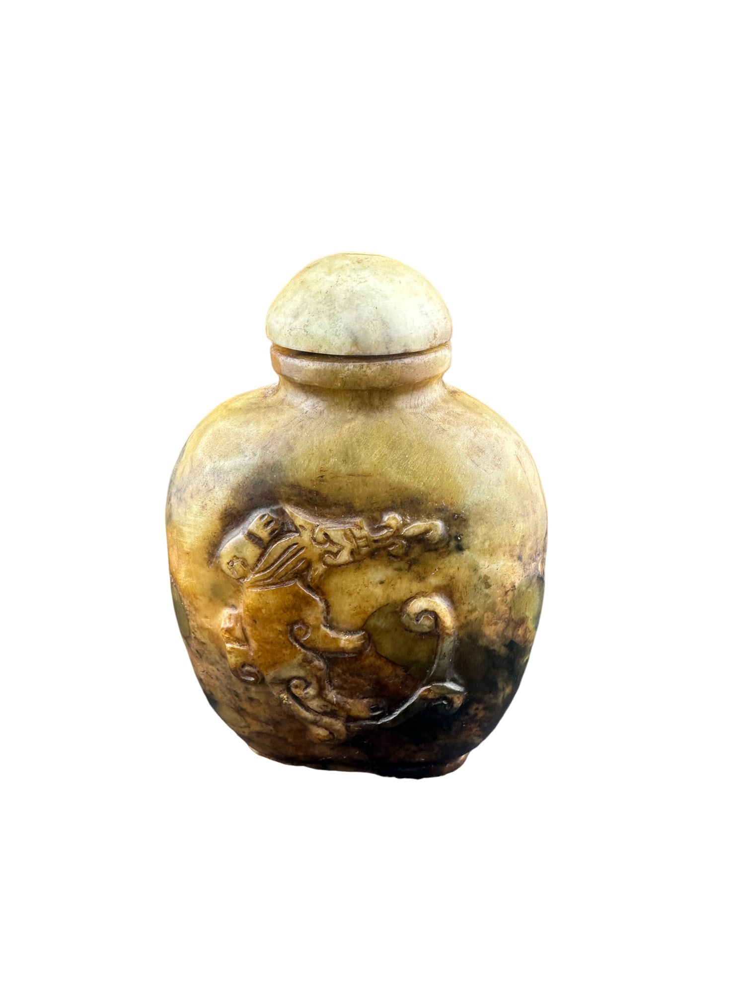 A GREEN AND RUSSET JADE ?? SNUFF BOTTLE (1 of 7)