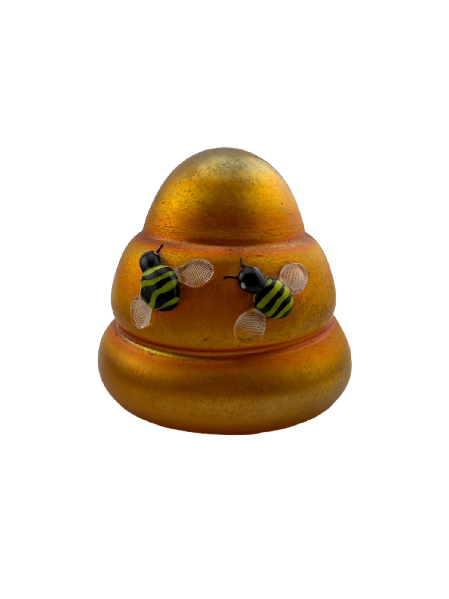 Correia Gold Iridescent Beehive with Bees Art Glass Paperweight: PLEASE READ: in house shipping within the US If you win this item, please select self arranged for in house shipping when paying invoice Correia Gold Iridescent Beehive with Bees Art Glass Paperweight