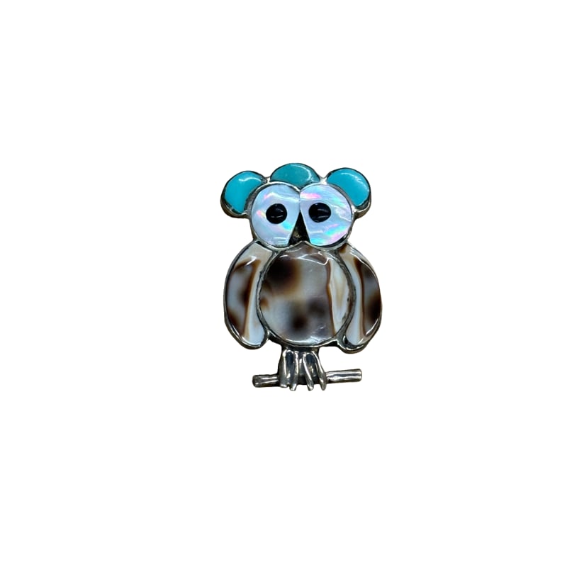 Signed Zuni Inlay Sterling Silver Owl Pin - Mother of Pearl Shell Tortoise Turquoise: PLEASE READ: in house shipping within the US If you win this item, please select self arranged for in house shipping when paying invoice 1" x .75" 3.2 grams