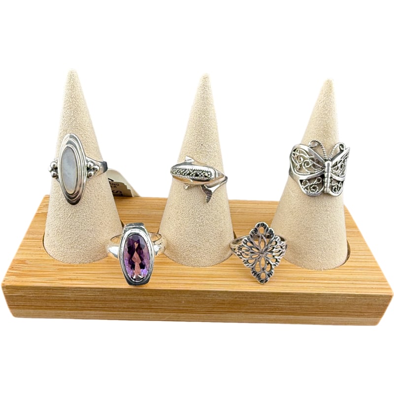 Lot of 5 Sterling Silver Rings: PLEASE READ: in house shipping within the US If you win this item, please select self arranged for in house shipping when paying invoice purple stone: 7 whiteish stone: 7 butterfly: 7 dolphin: 8 diamo