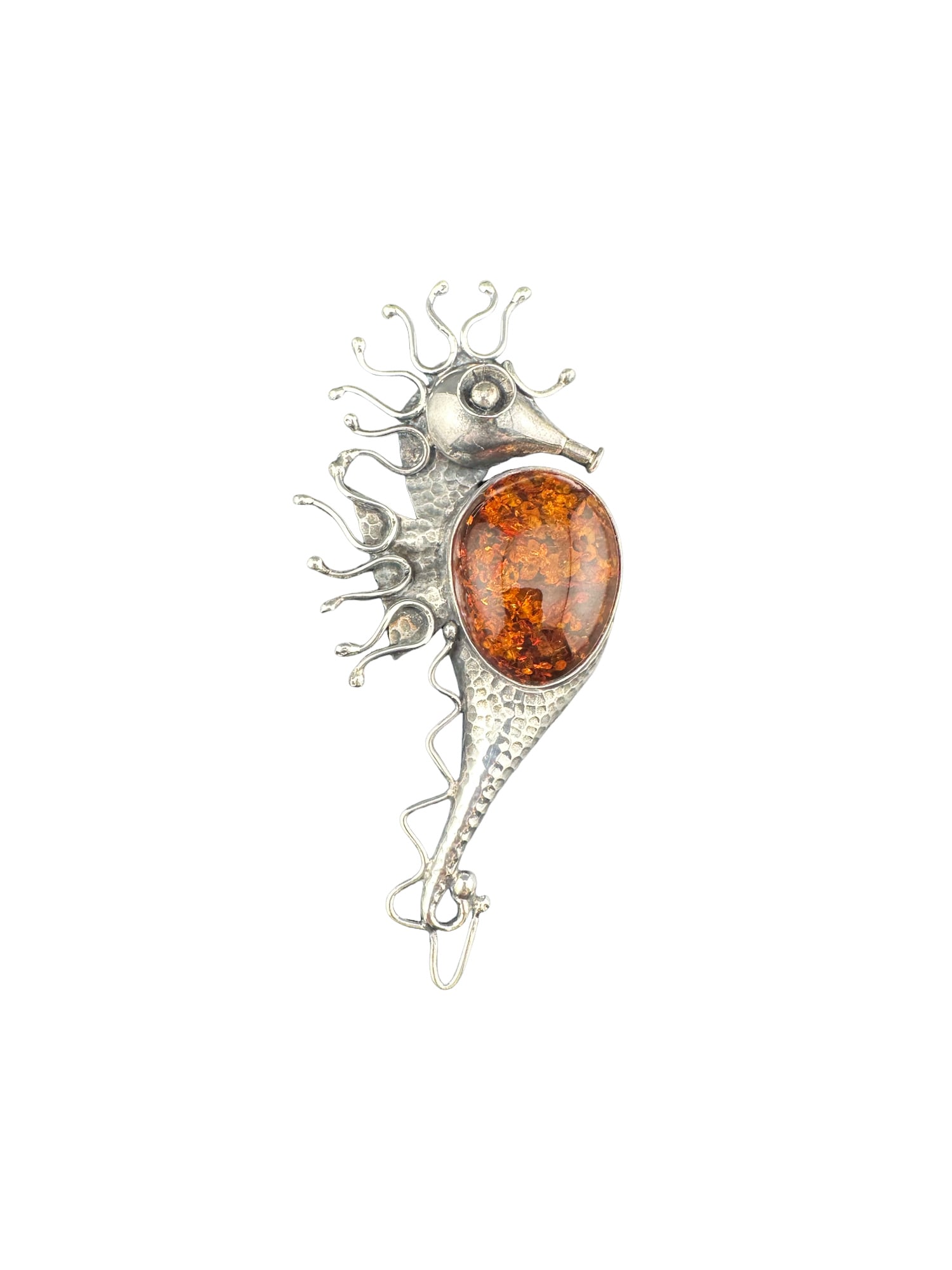 SEA HORSE STERLING SILVER AMBER BROOCH PIN: in house shipping within the US If you win this item, please select self arranged for in house shipping when paying invoice SEA HORSE STERLING SILVER AMBERBROOCH PIN 25.5g 4"l