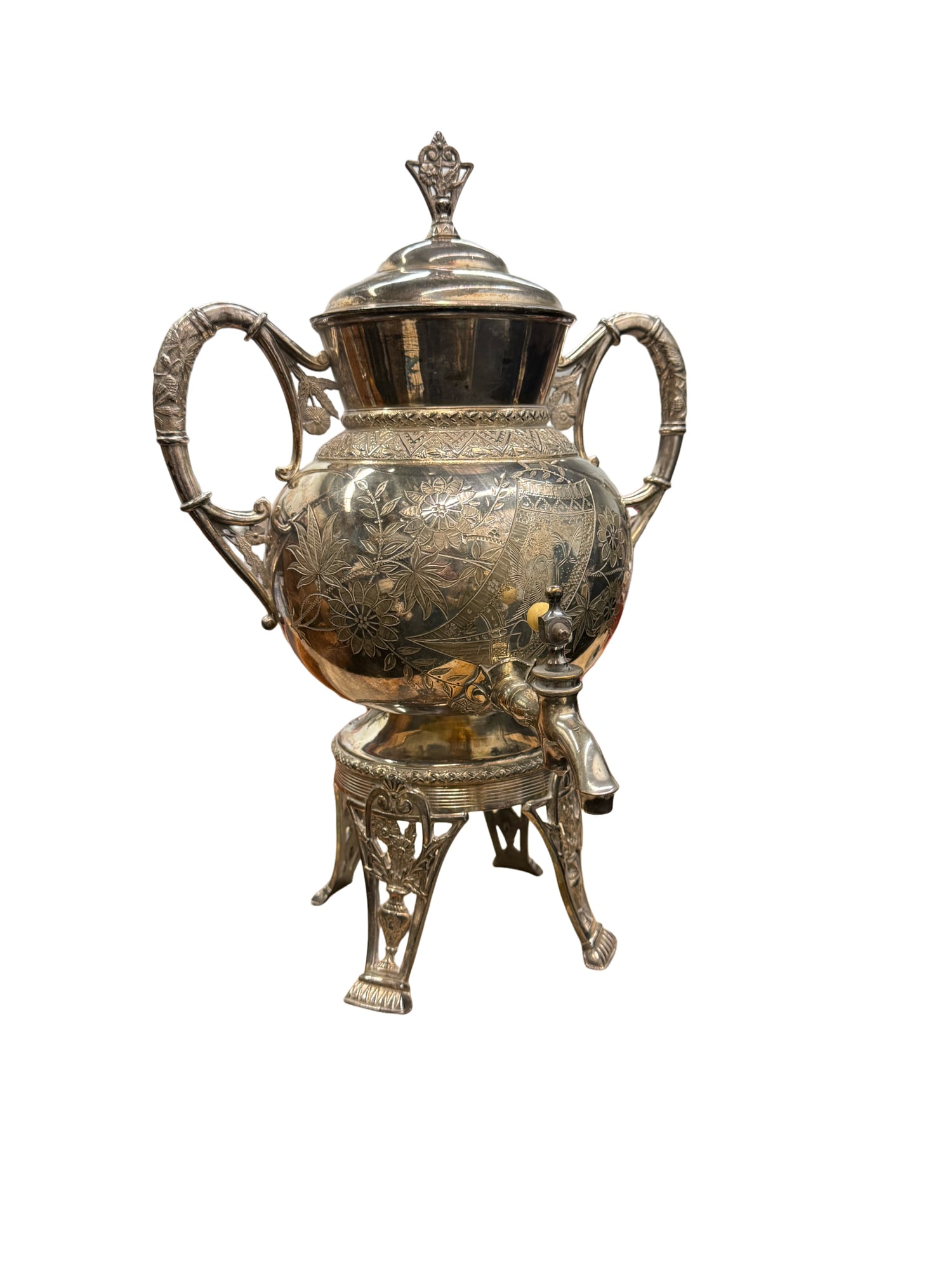 Beautiful Antique Silverplate Samovar: PLEASE READ: in house shipping within the US If you win this item, please select self arranged for in house shipping when paying invoice Beautiful Antique Silverplate Samovar 16"H x 12"W 4.9 lbs