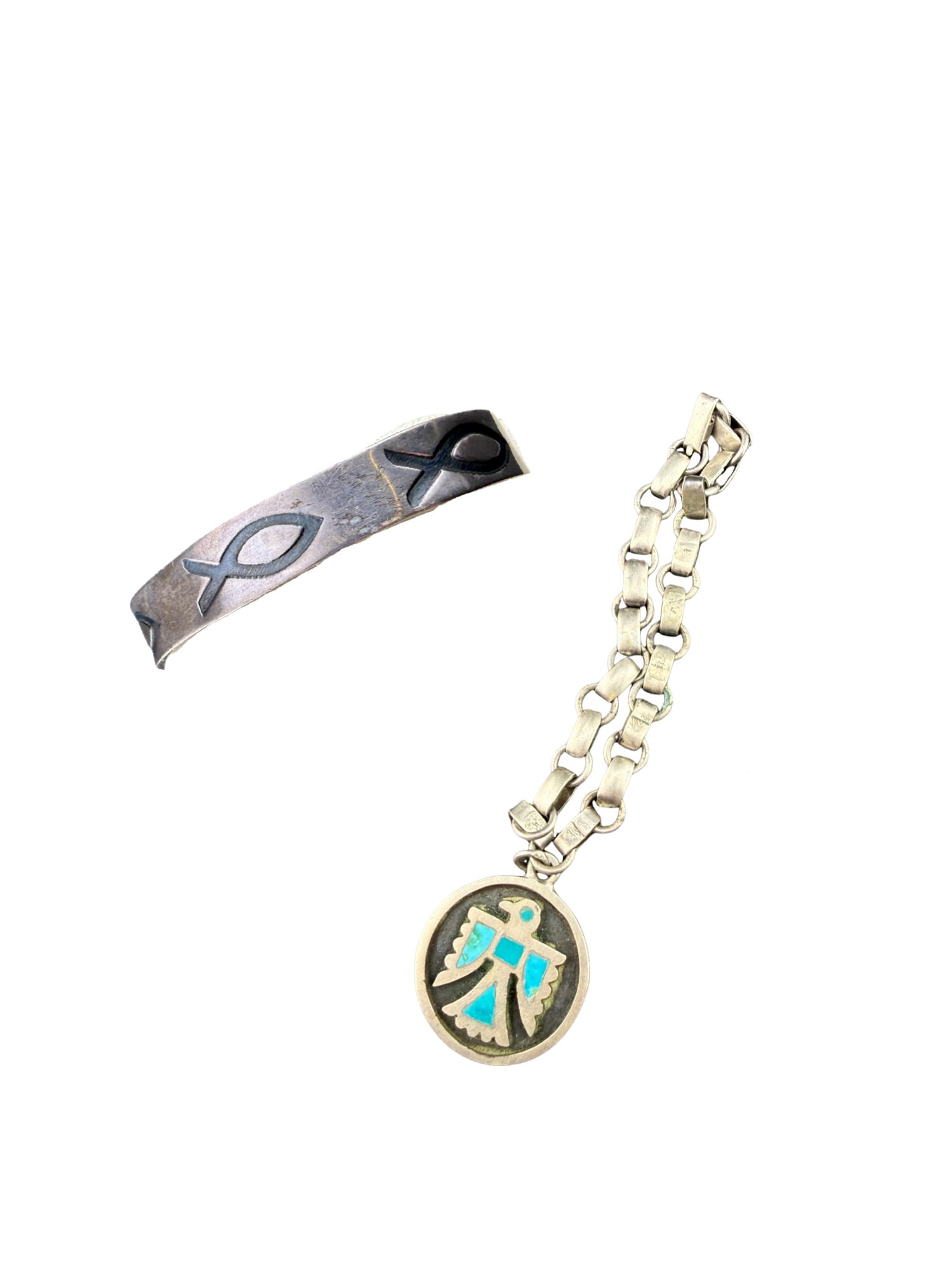 Sterling Silver Thunderbird and Fish Bracelet Set: PLEASE READ: in house shipping within the US If you win this item, please select self arranged for in house shipping when paying invoice Sterling Silver Thunderbird and Fish Bracelet Set One is