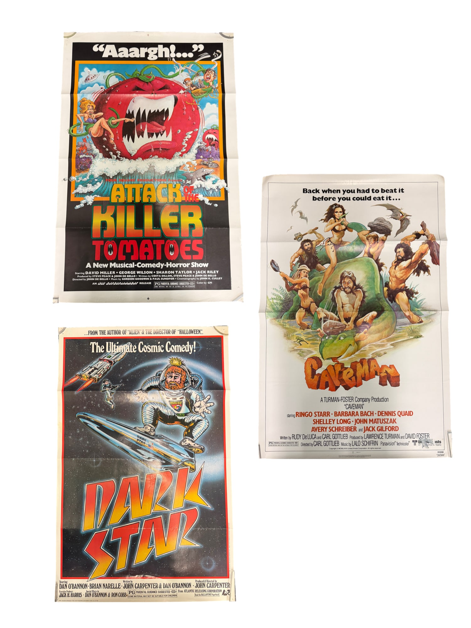 Lot of Three Vintage Movie Posters-Caveman, Attack of the Killer Tomatoes, and Dark Star: PLEASE READ: in house shipping within the US If you win this item, please select self arranged for in house shipping when paying invoice Lot of Three Vintage Movie Posters - Caveman, Attack of the Kil