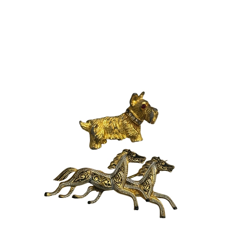 Lot of Vintage Pins - Galloping Toledoware Horse and Schnauzer with Red Stones and collar: PLEASE READ: in house shipping within the US If you win this item, please select self arranged for in house shipping when paying invoice Galloping horses vintage toledoware. Spanish made,