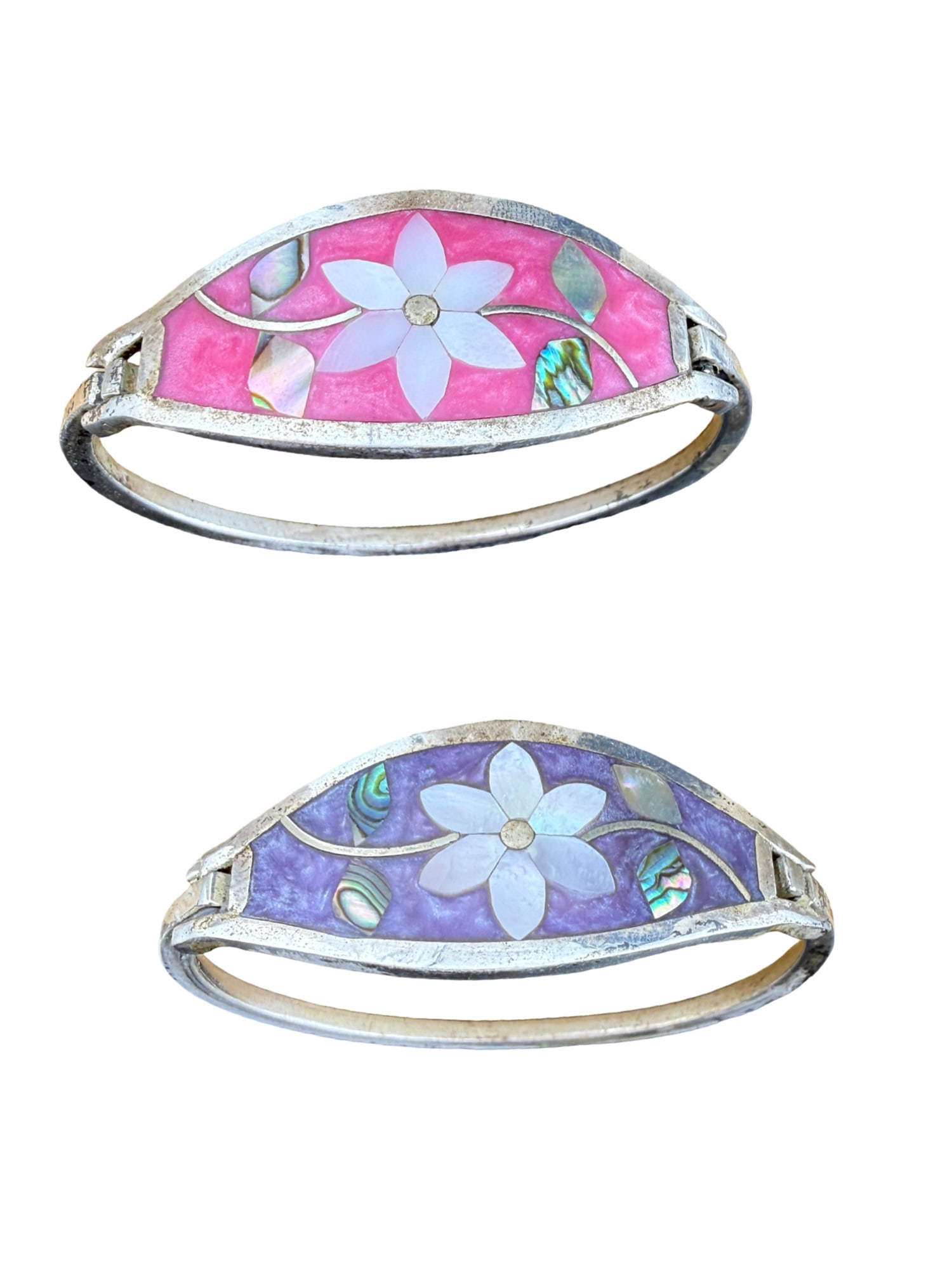 Alpaca Mexico Enamel and Mother of Pearl Hinged Bangles: PLEASE READ: in house shipping within the US If you win this item, please select self arranged for in house shipping when paying invoice Beautiful Alpaca Mexico Enamel and Mother of Pearl Hinged