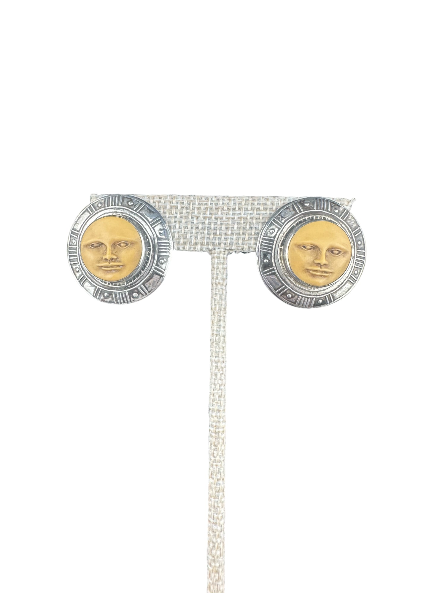 TABRA Modernist Carved God SUN FACE Disc Sterling Siver 14K Posts Stud Earrings: PLEASE READ: in house shipping within the USIf you win this item, please select self arranged for in house shipping when paying invoice TABRA Modernist Carved God SUN FACE Disc Sterling Siver 14K
