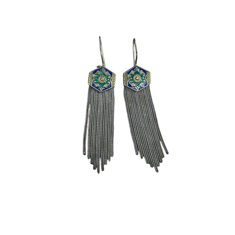 Vintage Turkish Sterling Silver and Enamel Dangle Pierced Earrings with Foxtail Chains: PLEASE READ: in house shipping within the US If you win this item, please select self arranged for in house shipping when paying invoice 3" 14.4 grams