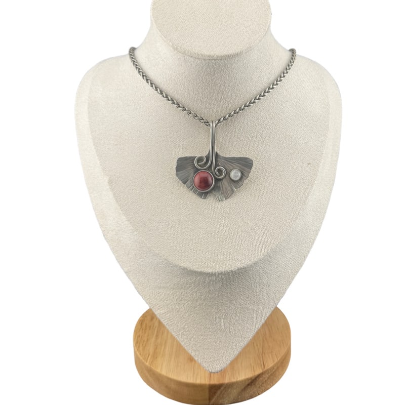 Sterling Silver Necklace - Carnelian and Opal Ginko Leaf: PLEASE READ: in house shipping within the US If you win this item, please select self arranged for in house shipping when paying invoice chain clasped: 9" pendant: 2" x 1.75" total weight:
