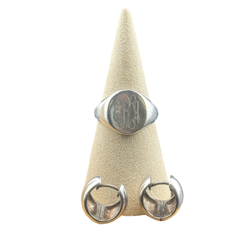 Sterling Silver Monogrammed Signet Ring and Huggie Earrings: PLEASE READ: in house shipping within the US If you win this item, please select self arranged for in house shipping when paying invoice ring size 8 total weight: 13.2 grams