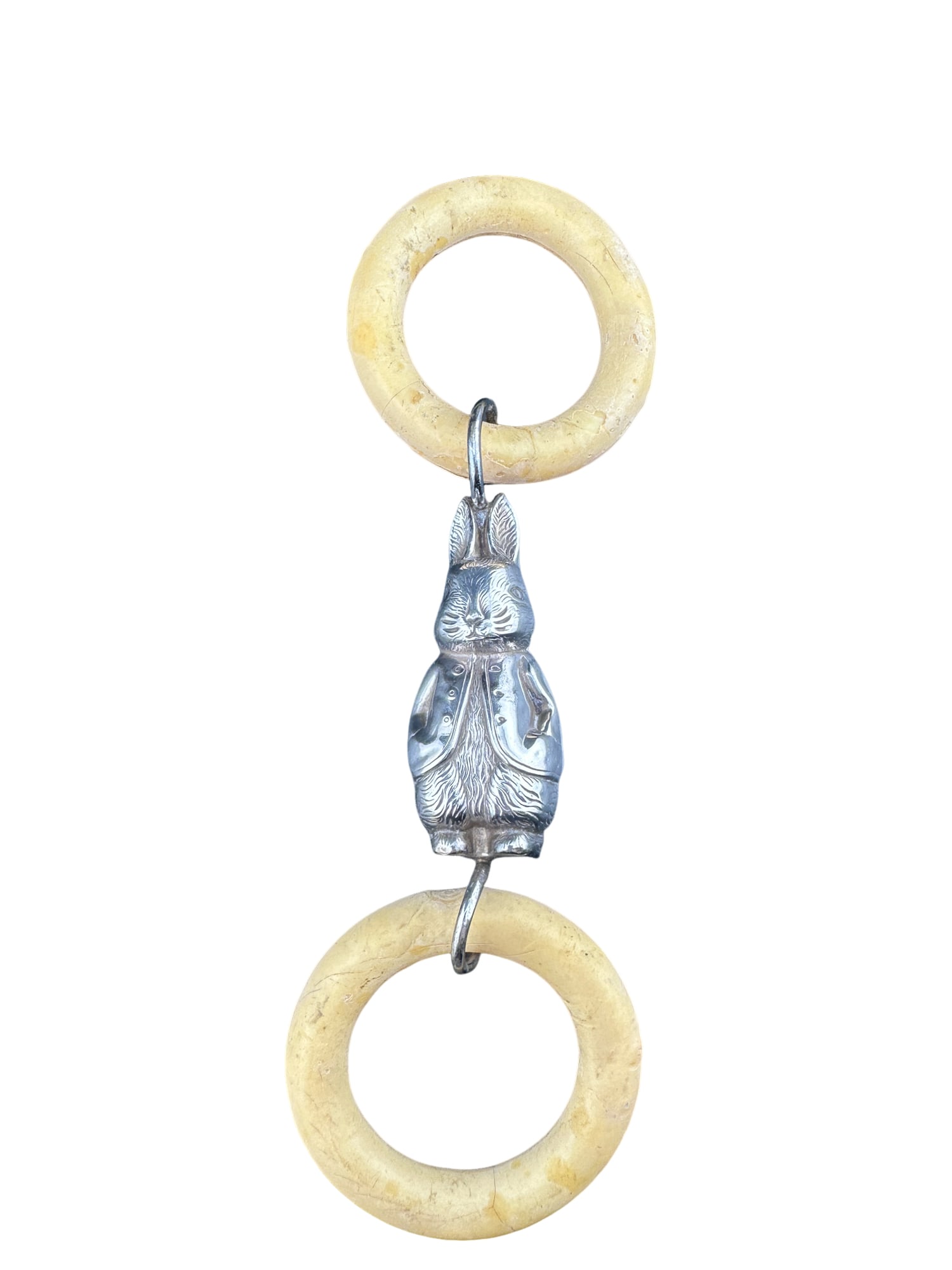 Antique sterling & Bakelite Peter Rabbit Rattle and Teething Rings: PLEASE READ: in house shipping within the USIf you win this item, please select self arranged for in house shipping when paying invoice Antique sterling & Bakelite Peter Rabbit Rattle and Teething Rin