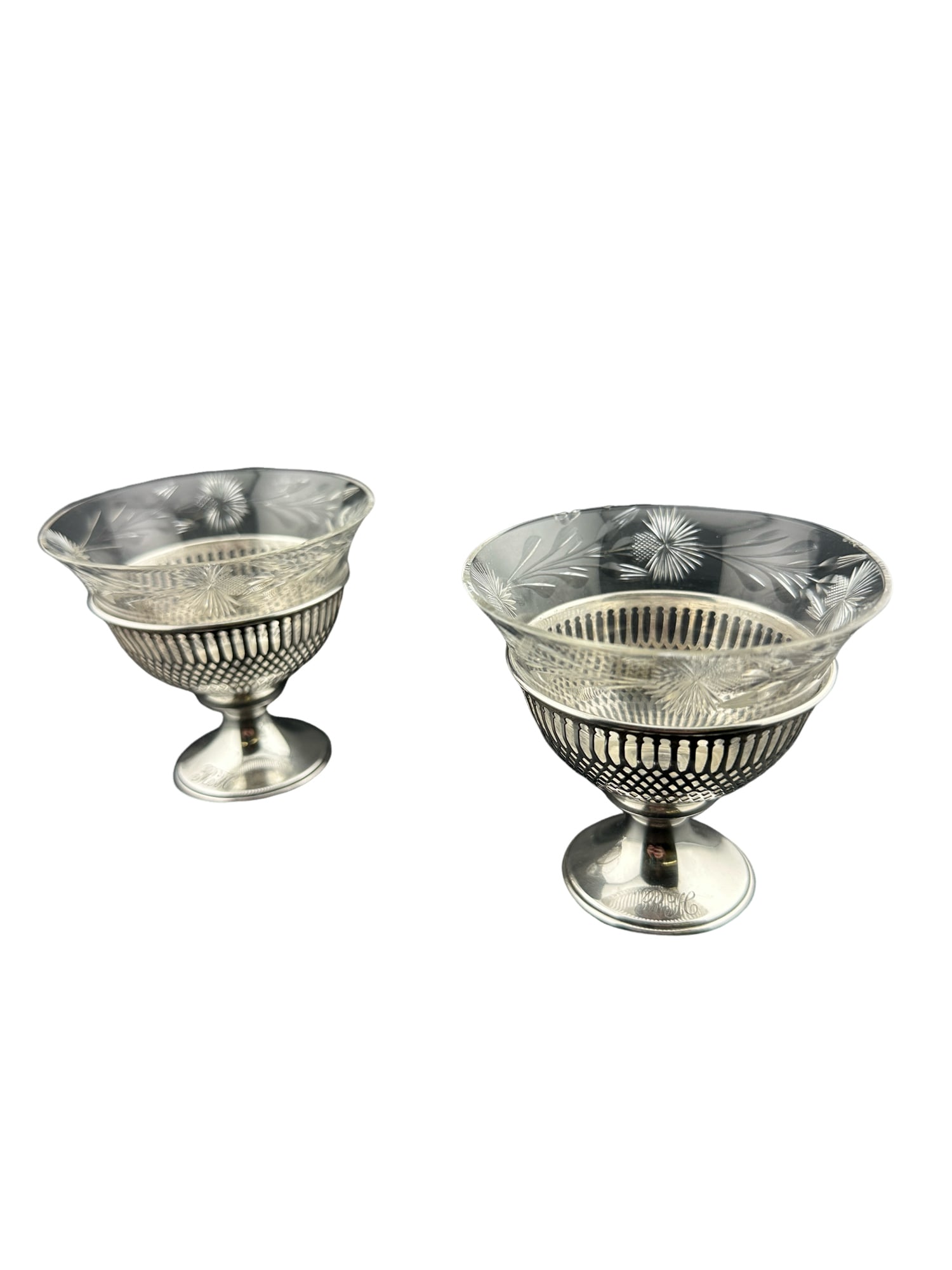 pair of Frank M. Whiting & Co.Vintage Dessert Sherbet Cup Sterling Silver Bottom Glass Insert: PLEASE READ: in house shipping within the US If you win this item, please select self arranged for in house shipping when paying invoice Frank M. Whiting & Co.Vintage Dessert Sherbet Cup Sterling