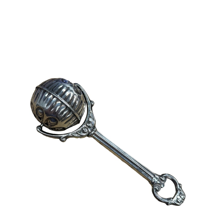 Pedro Duran ? Sterling Silver Baby Rattle ?: PLEASE READ: in house shipping within the US If you win this item, please select self arranged for in house shipping when paying invoice 5.5" 66 grams not marked sterling but magnet does not stick to