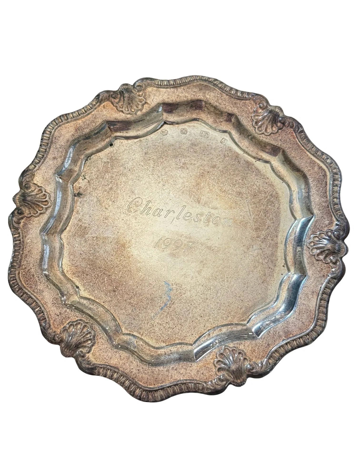 Charleston Sterling Silver Wine Plate / Coaster: PLEASE READ: in house shipping within the US If you win this item, please select self arranged for in house shipping when paying invoice 80 grams Stamped on front "Charleston 1997" Hallmarked on front