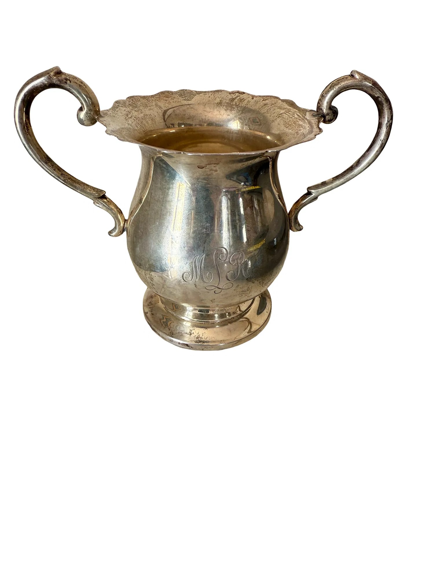 Mueck-Carey Co Sterling Silver Monogrammed Sugar Bowl: PLEASE READ: in house shipping within the US If you win this item, please select self arranged for in house shipping when paying invoice Mongrammed Sterling Silver 5.5 inches wide with handles 3 1/8"