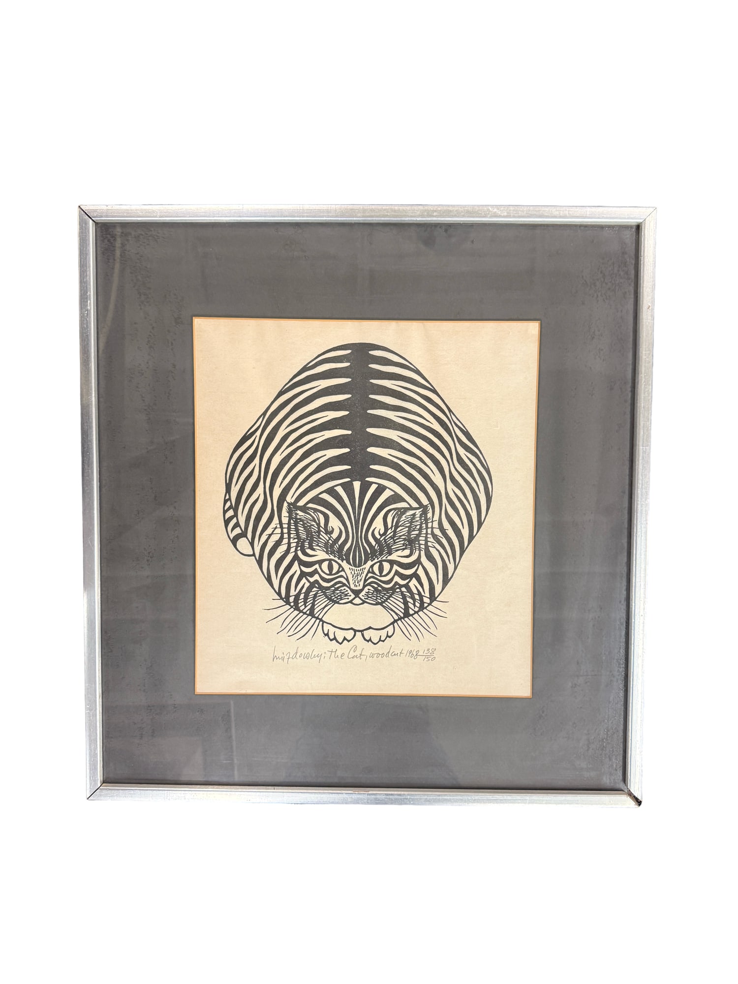 Jacques Hnizdovsky "The Cat" Woodcut Signed and Dated 1968 138/150: **OUT OF HOUSE SHIPPING Jacques Hnizdovsky "The Cat" Woodcut Signed and Dated 1968 138/150 21"H x 19.5"W Jacques Hnizdovsky (1915-1985) was born in Ukraine, educated in Europe, and emigrated to