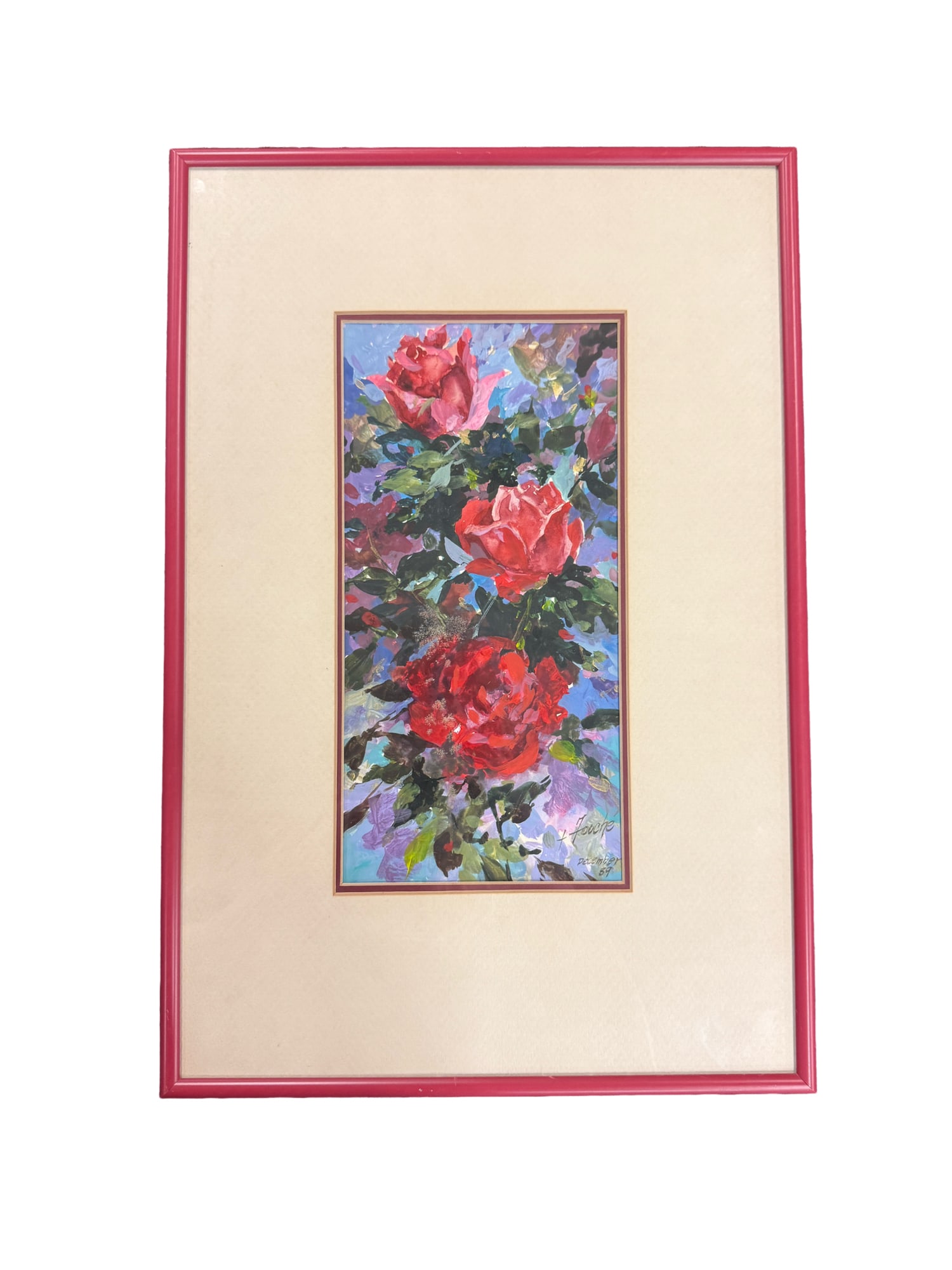 Virginia Fouche 1989 Red Roses Original Signed and Framed: **OUT OF HOUSE SHIPPING Charleston Artist Virginia Fouche 1989 Red Roses Original Signed and Framed 18"H x 12"W