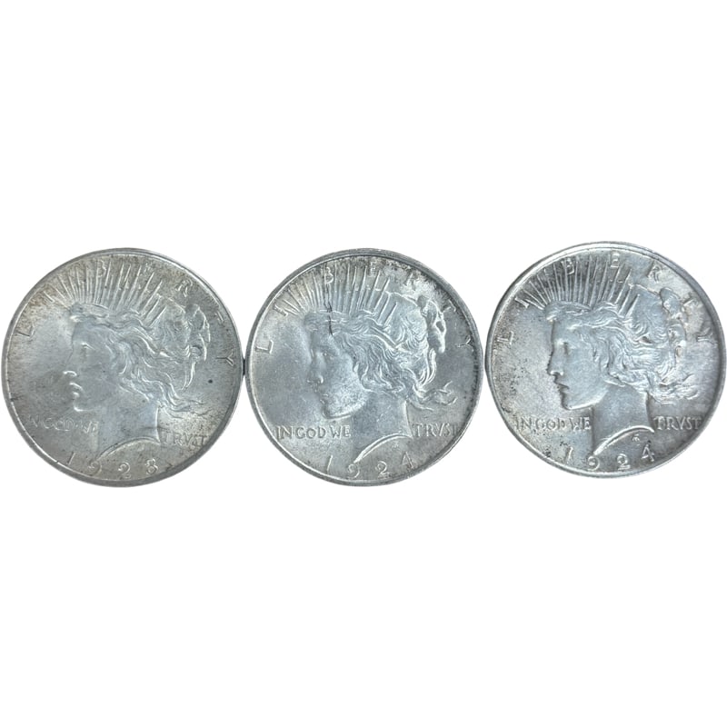 Lot of Three Silver Peace Dollar Coins - 1924 and 1923 (1 of 2)