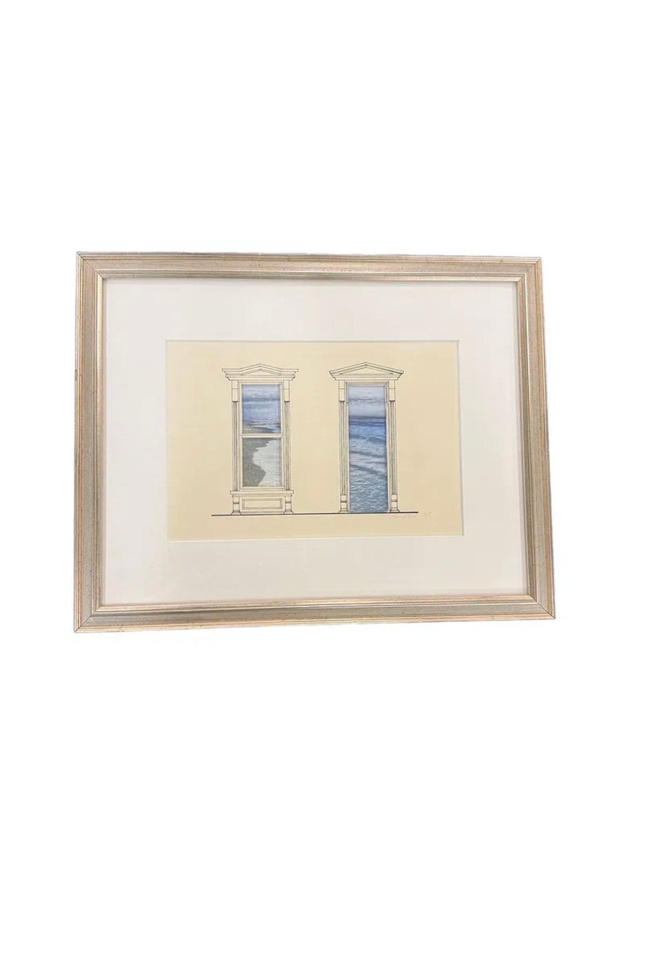 "Study for Beach House" by Emery Clark Mixed Media 1986: **OUT OF HOUSE SHIPPING "Study for Beach House" by Emery Clark Mixed Media 1986 Framed 14"W x 11"L Sight 8.75" 6"L
